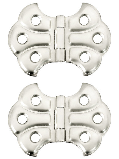 Pair of Small Victorian Butterfly Cabinet Hinges - 1 3/8 H x 1 7/8 inch W in Polished Nickel.